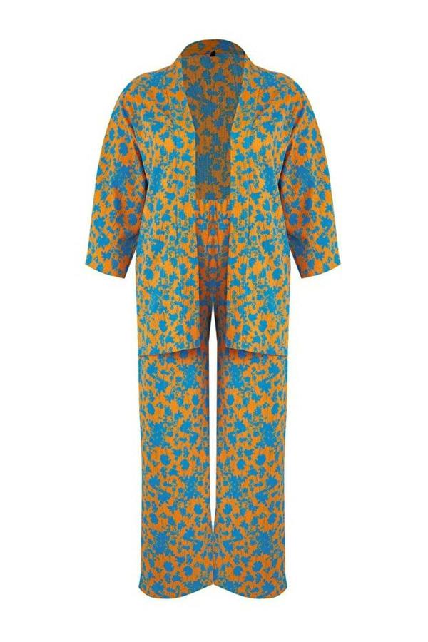 WOVCOR 2- Piece Straight Relaxed Fit Flexible Kimono Knit Plus Size Top and Bottom Set
