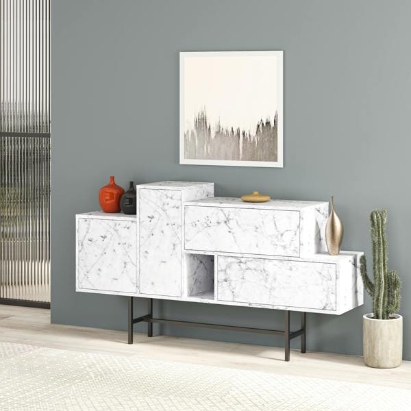 Decortie Hermes Console Sideboard Display Unit 2 Cabinets 2 Drawers Modern Storage White Marble Effect 160cm