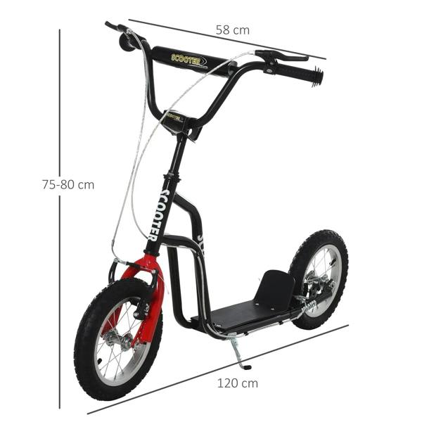 Teen kick scooter in black with red front wheel and inflatable tires, side view with proportions