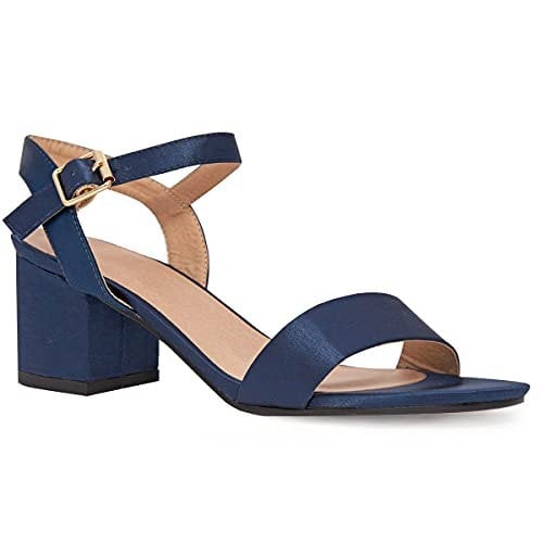 Where's That From Zephyr Strappy Mid High Block Heels Peep Toe in Navy Silk