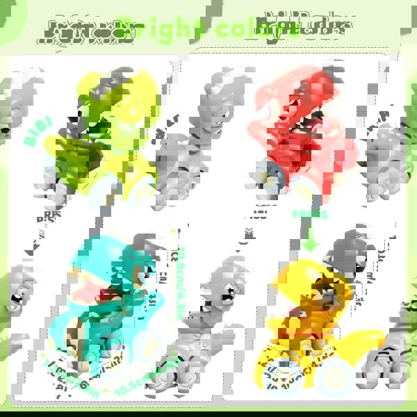 deAO Push & Go Dinosaur Car Toy Set - 4PCS Mini Pull-Back Dino Vehicles for Toddlers Ages 3+