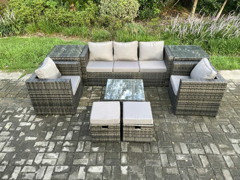 Fimous Wicker 8 Pieces Rattan Garden Furniture Sofa Set with Armchair 2 Side Tables Square Coffee Table 2 Small Footstools Dark Grey Mixed