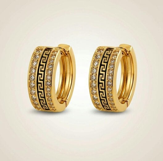 The Colourful Aura Gold Greek Key Crystal Huggie Hoop Earrings | 1cm Brass Hoops