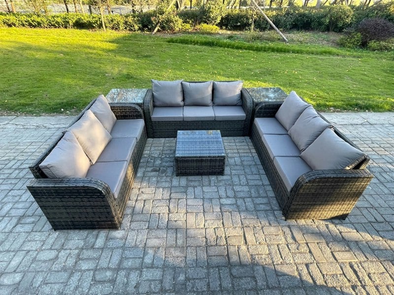 Fimous Rattan Outdoor Furniture Set Patio Garden Sofa Set with 2 Side Table Square Coffee Table Dark Grey Mixed