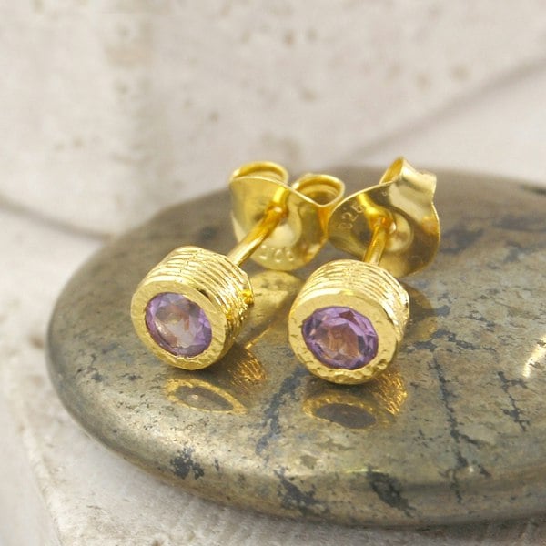 Amethyst February Birthstone Gold plated Silver Stud Earrings