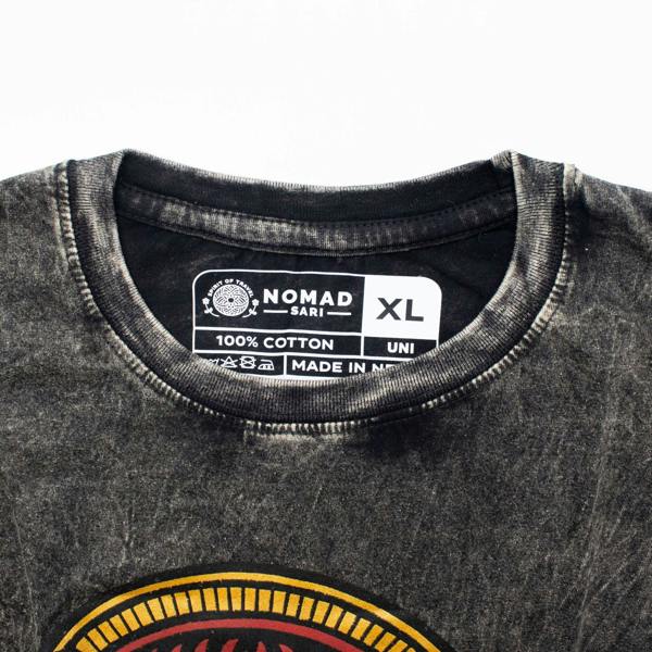 Charcoal stonewashed T-shirt neckline with XL size and 100% cotton label
