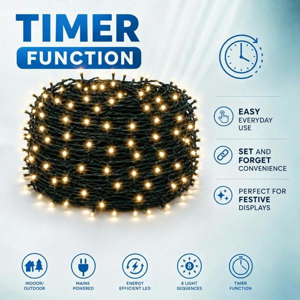 8m 100 LED Warm White Fairy String Lights Mains Powered, 8 Modes, Memory Function, Auto Timer, Indoor/Outdoor Green Cable image 5