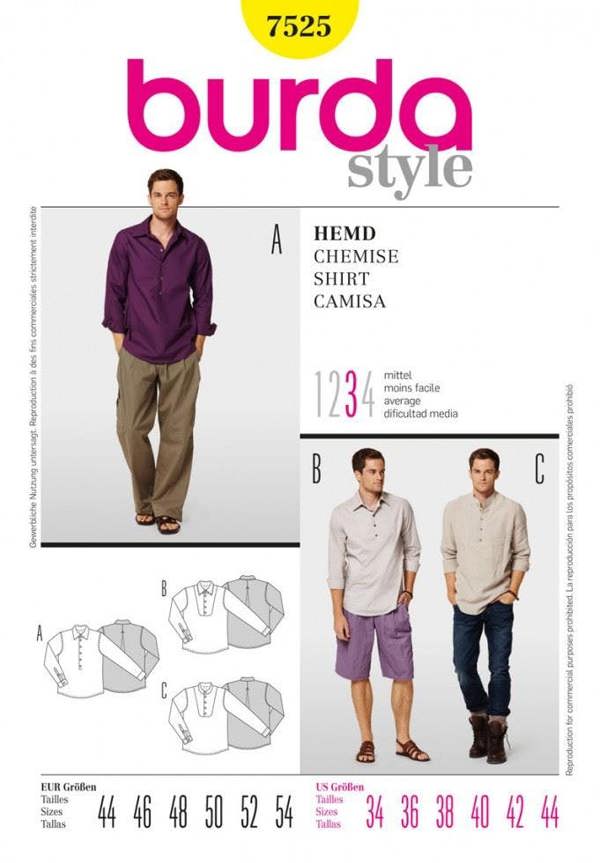 Burda Sewing Pattern 7525 Shirts and Tops For Men, 34 to 44 - Intermediate