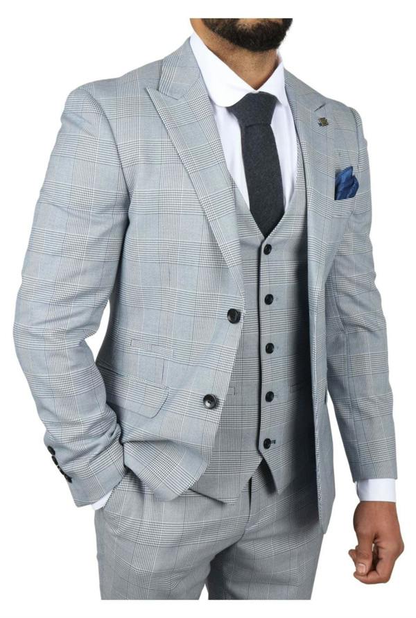 Infinity Leather Men's Blue Checked 3 Piece Suit Tailored Fit Suit Formal Wedding