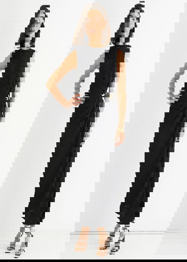 Gini London Black Waist Ruched Metal Trim Sleeveless Midi Dress