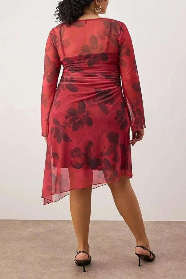 WOVCOR Floral Pattern A-Line Tulle Knit Plus Size Dress