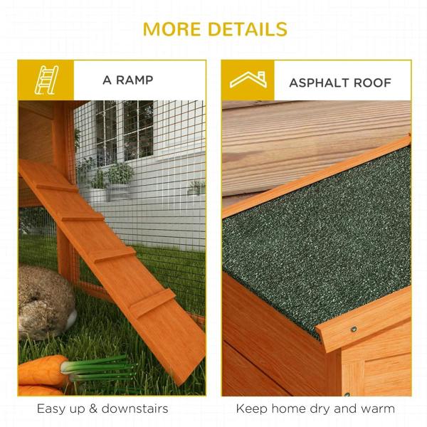 Orange rabbit hutch featuring a ramp and green asphalt-style roof panel