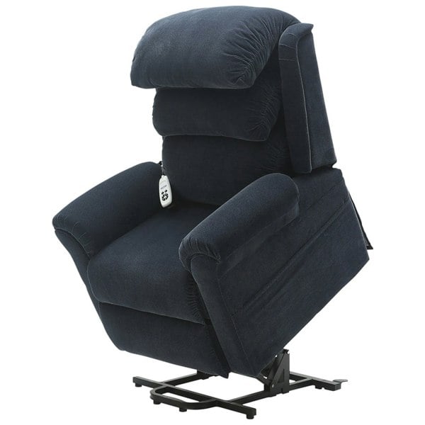Dual Motor Rise and Recline Armchair - Waterfall Pillow - Blue Chenille Fabric Loops