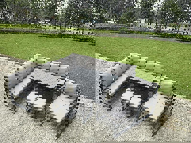 Fimous 11 Seater Aluminium Outdoor Garden Furniture Set with Adjustable Rising Dining Table. Corner Sofa, 3 Footstools & Chair - Grey