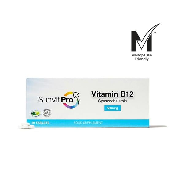 50mcg Vitamin B12 Tablets, High Strength Cyanocobalamin Daily Dose, Menopause Approved - SunVit - D3