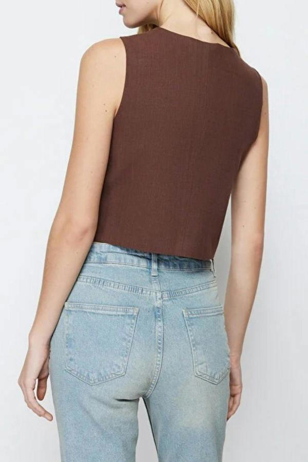 WOVCOR Crop Woven Linen Look Vest with Button Detail