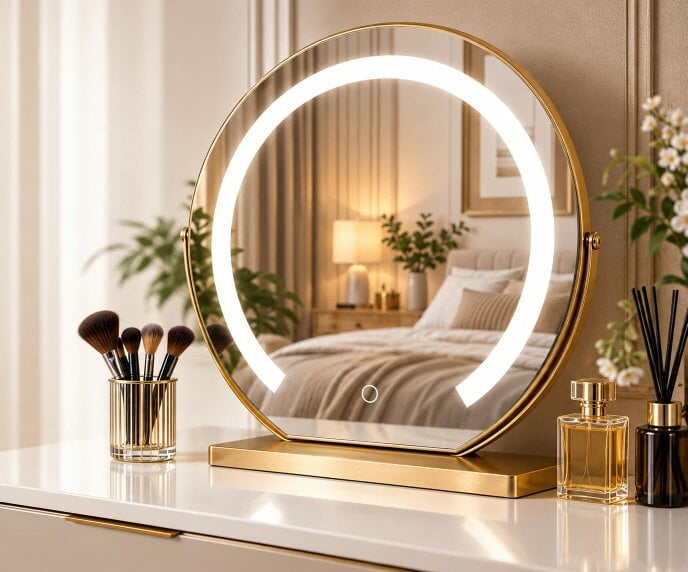 Downton Interiors Gold Round Dressing Table Vanity Mirror with LED Light Touch Control 45cm