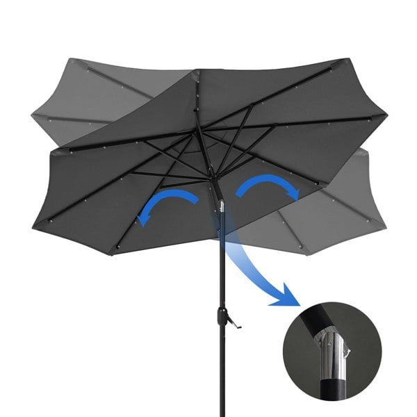 Black 3m Iron Garden Parasol Sun Umbrella With Solar LED Lights Parasols & Rain Umbrellas Living and Home