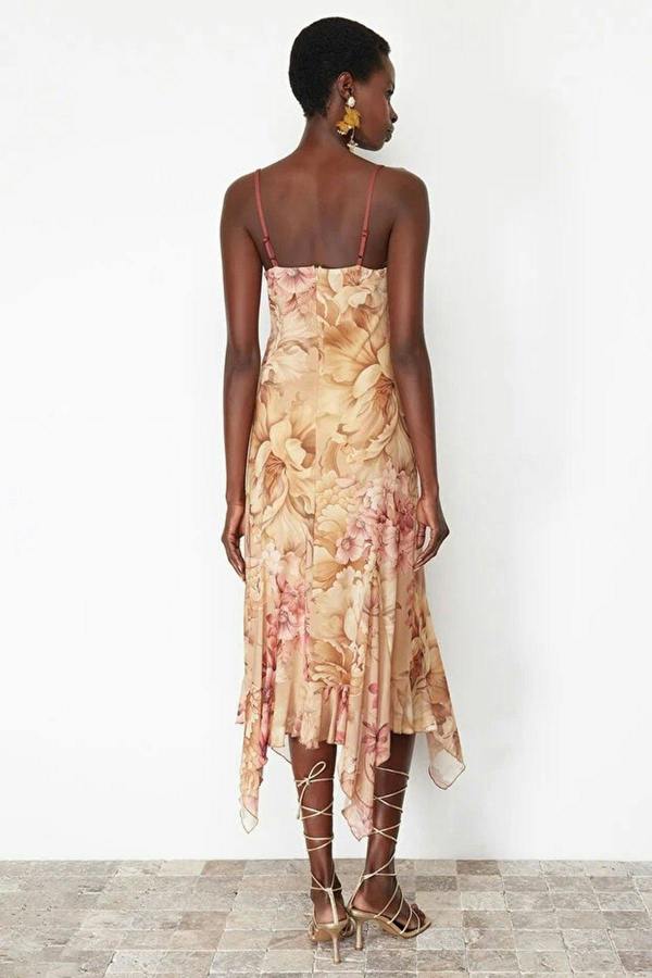 WOVCOR A-Line Floral Patterned Ruffled Knitted Tulle Dress