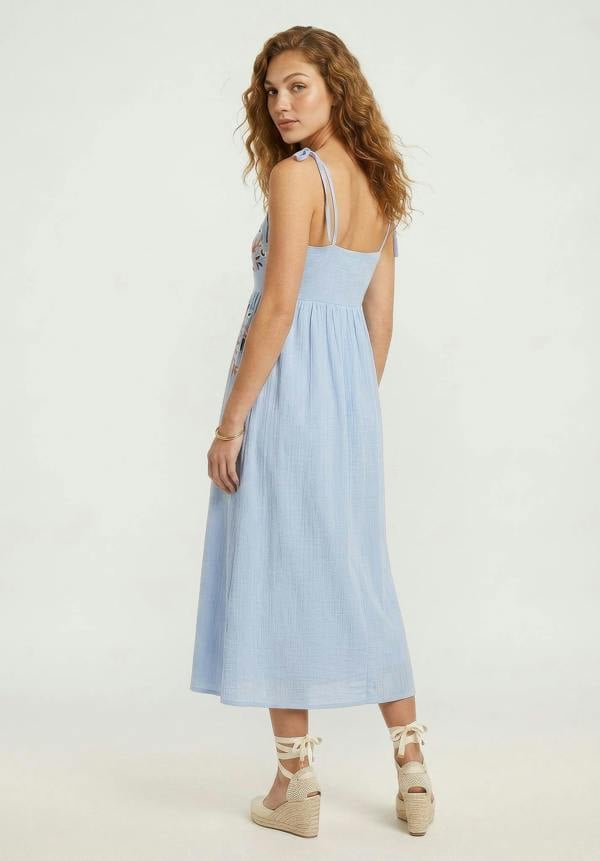 Raffya Furla Smocked Panel Embroidered Midi Dress In Blue