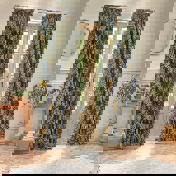 Wylder Ophelia Jacquard Floral Pencil Pleat Curtains - Blue/Saffron