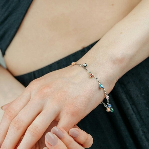 The Colourful Aura Silver Plated Dainty Evil Eye Protection Charm Beaded Dangly Adjustable Bracelet - Silver