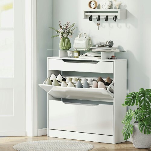 Wyld Haus Masola Wooden White Shoe Cabinet With Sliding Drawer 2 Flip Doors And Glass Top