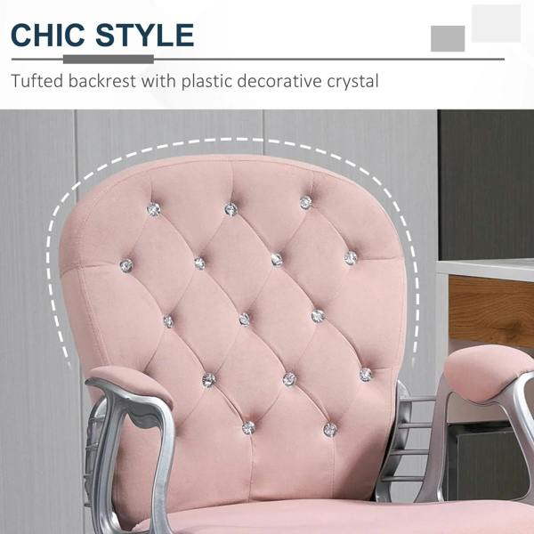Pink velvet chair back with tufting and rhinestone buttons, chrome armrests