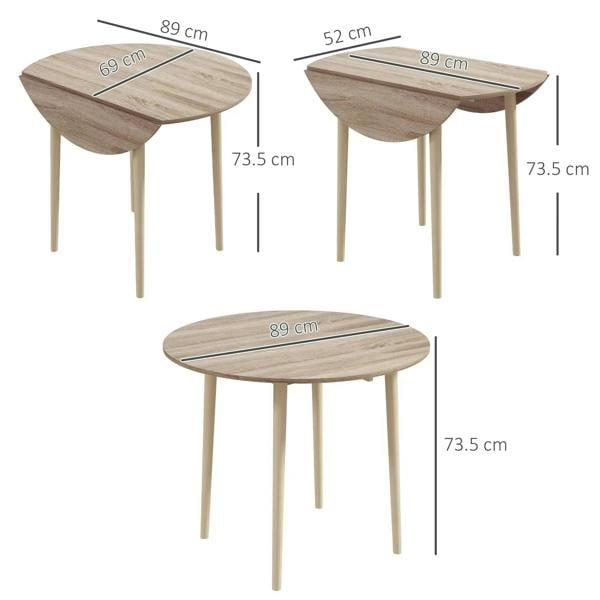 Round drop-leaf dining table shown in closed and open positions, light wood finish