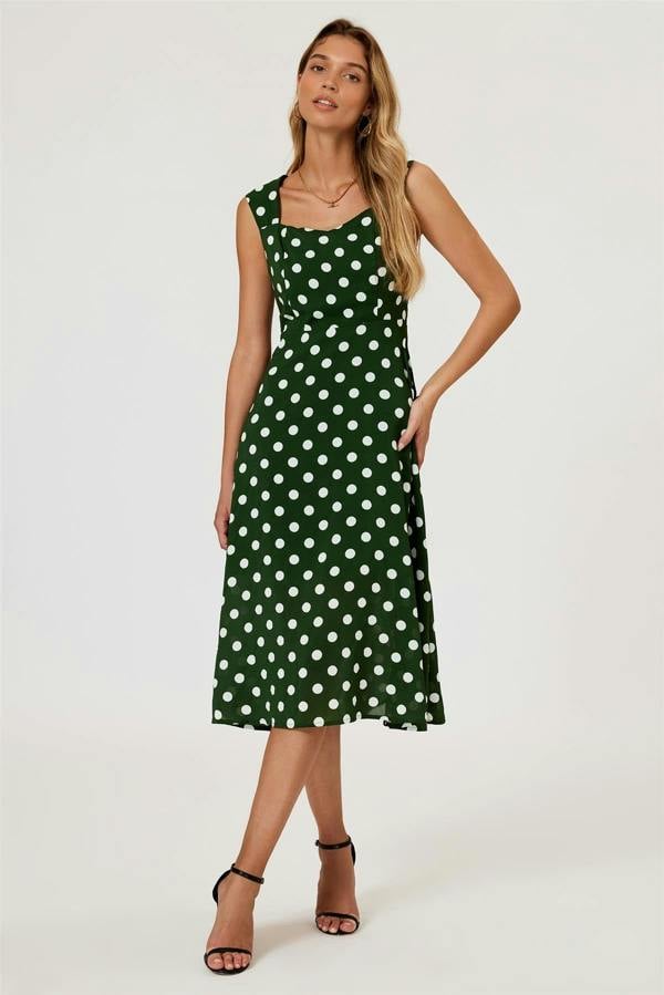 FS Collection Polka Dot Print Heart Neck Midi Green