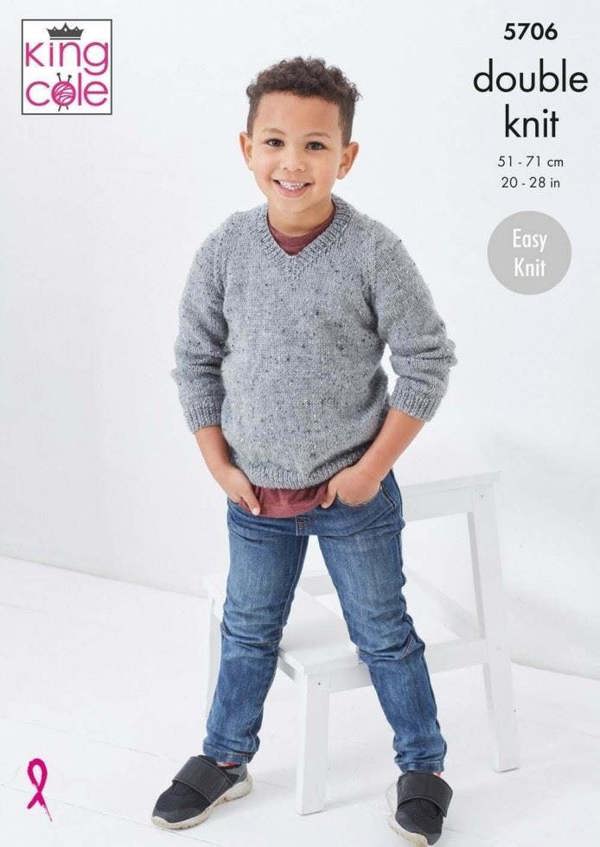 King Cole Big Value Tweed DK Knitting Pattern 5706, Sweaters, Slipovers for Kids, 20 - 28 Inches - Easy
