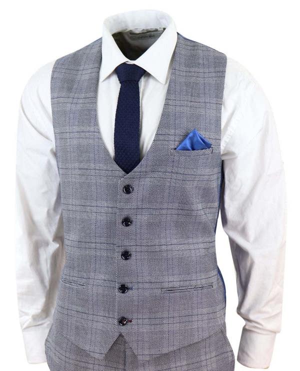 Marc Darcy Mens 3 Piece Grey Birdseye Check Classic Suit