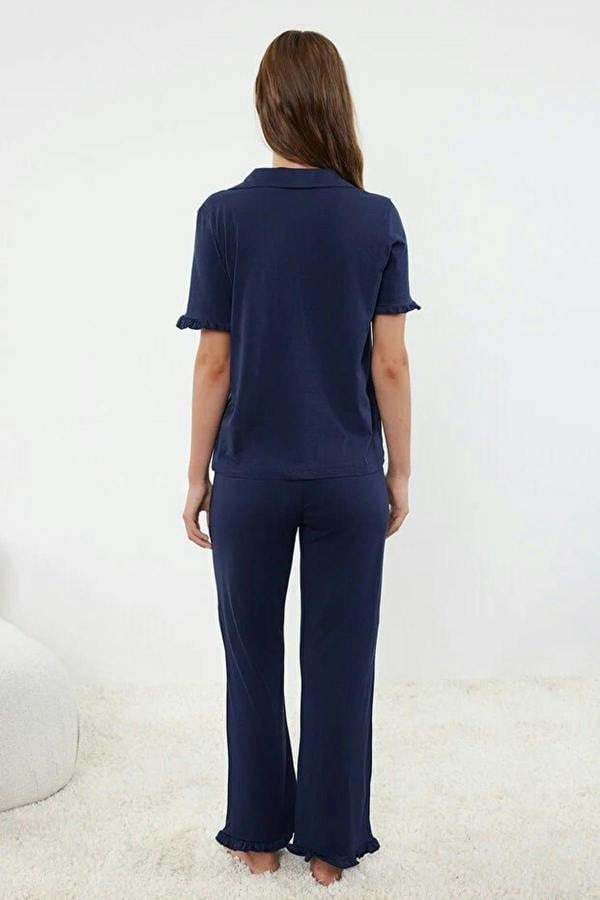 WOVCOR 2-Piece 100% Cotton Ruffle Detail Knitted Pajama Set