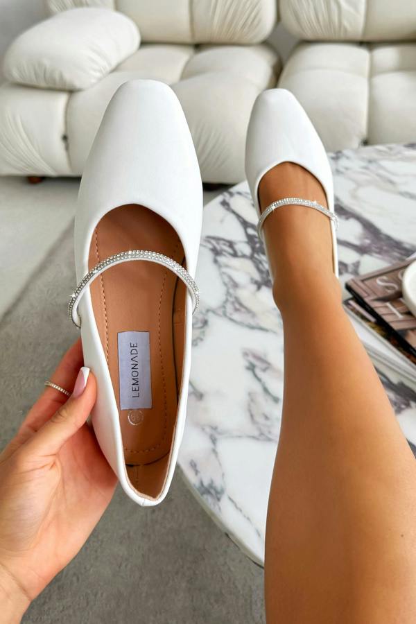 Crystal Belle Dolly Shoes White finished with slim rubber sole for comfort and grip