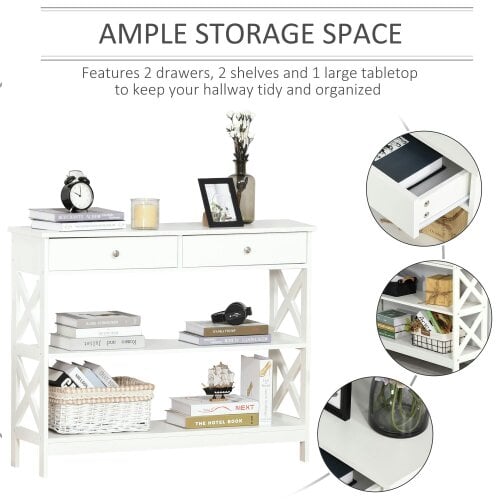 Wyld Haus Ralupa 100cm Wooden White X Frame Console Table With Drawers And Open Shelving