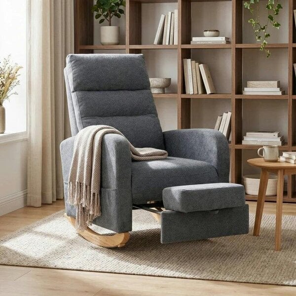 Upholstered Rocking Chair Retractable Footrest Rocker Chair High Back for Living Room Grey