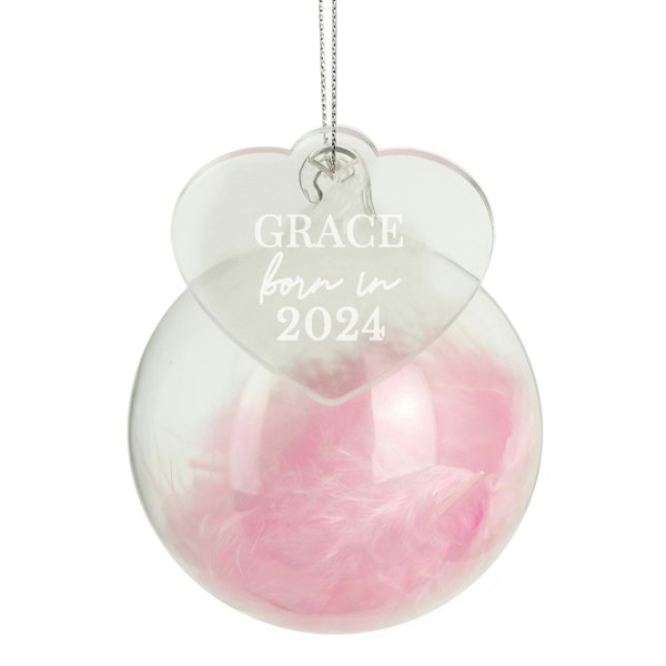 Personalised Memento Company Personalised Born In Pink Feather Glass Bauble With Heart Tag