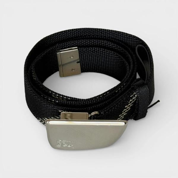 Burberry Metal Buckle Shield Webbing Black Silver Belt
