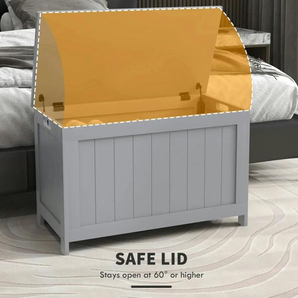 Grey storage chest with lid open on safety hinges, interior space shown