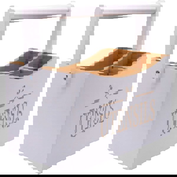 White and wooden utensil holder with 'UTENSILS' text on a white background