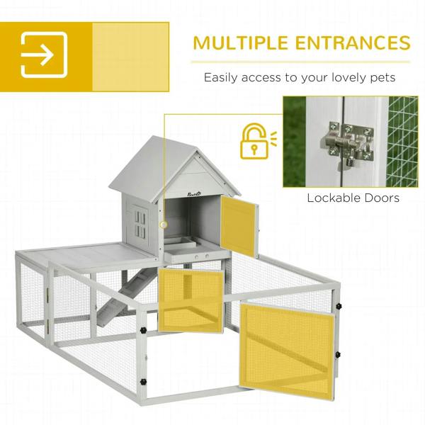 Light grey rabbit hutch with multiple lockable entry doors for easy access