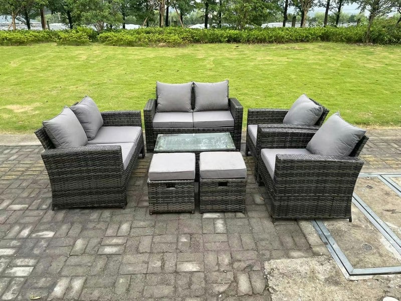 Fimous 8 Seater Dark Grey Mixed High Back Rattan Sofa Set Coffee Table Garden Furniture Outdoor Patio 2 Stools
