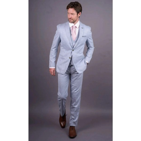 Robert Simon Luis - Men's Light Blue Plaid Check Slim Fit 3 Piece Suit