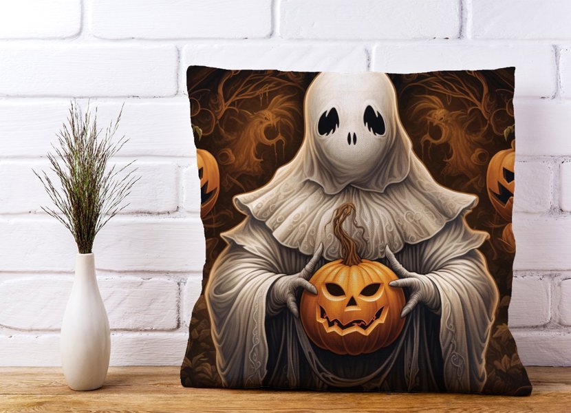 Warren Reed Spooky White Ghost Holding Pumpkin Cushions