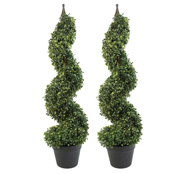 Pair of Artificial Topiary Spiral Boxwood Trees 90cm - Evergreenery