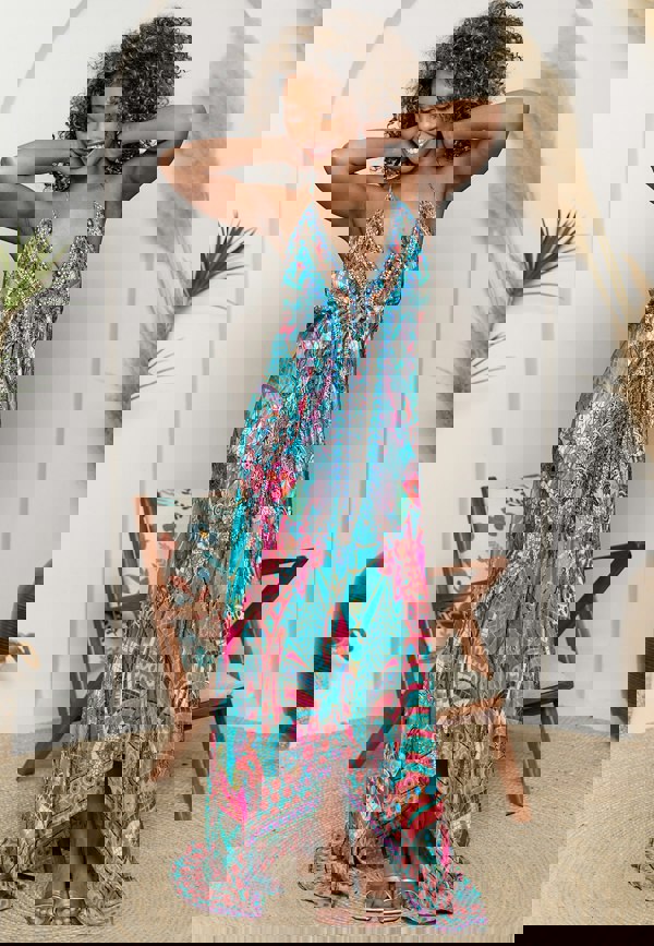 ANGELEYE Deluxe Luxurious Viscose Crepe Maxi Beach Dress in Premium Tropical Print - Mint