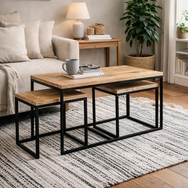 Wyld Haus Set of 3 Toivakka Industrial Reclaimed Wood Nesting Coffee Tables