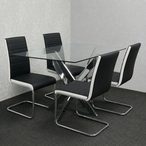Kosy Koala Glass Dining Table Set with 4 Faux Leather Chairs, Sturdy Chrome Legs, Rectangular, 120cm