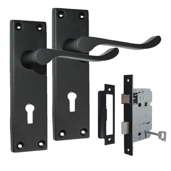 EDH Door Hardware Matt Black Victorian Scroll Door Handles – Handle Only, Handle + Lock or Lock Only – 150mm x 43mm