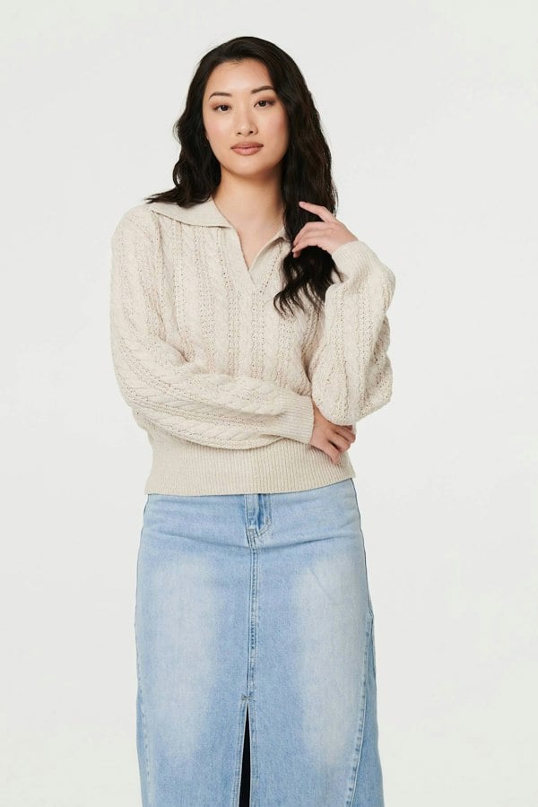Cream | Textured Wide Collar V-Neck Jumper
